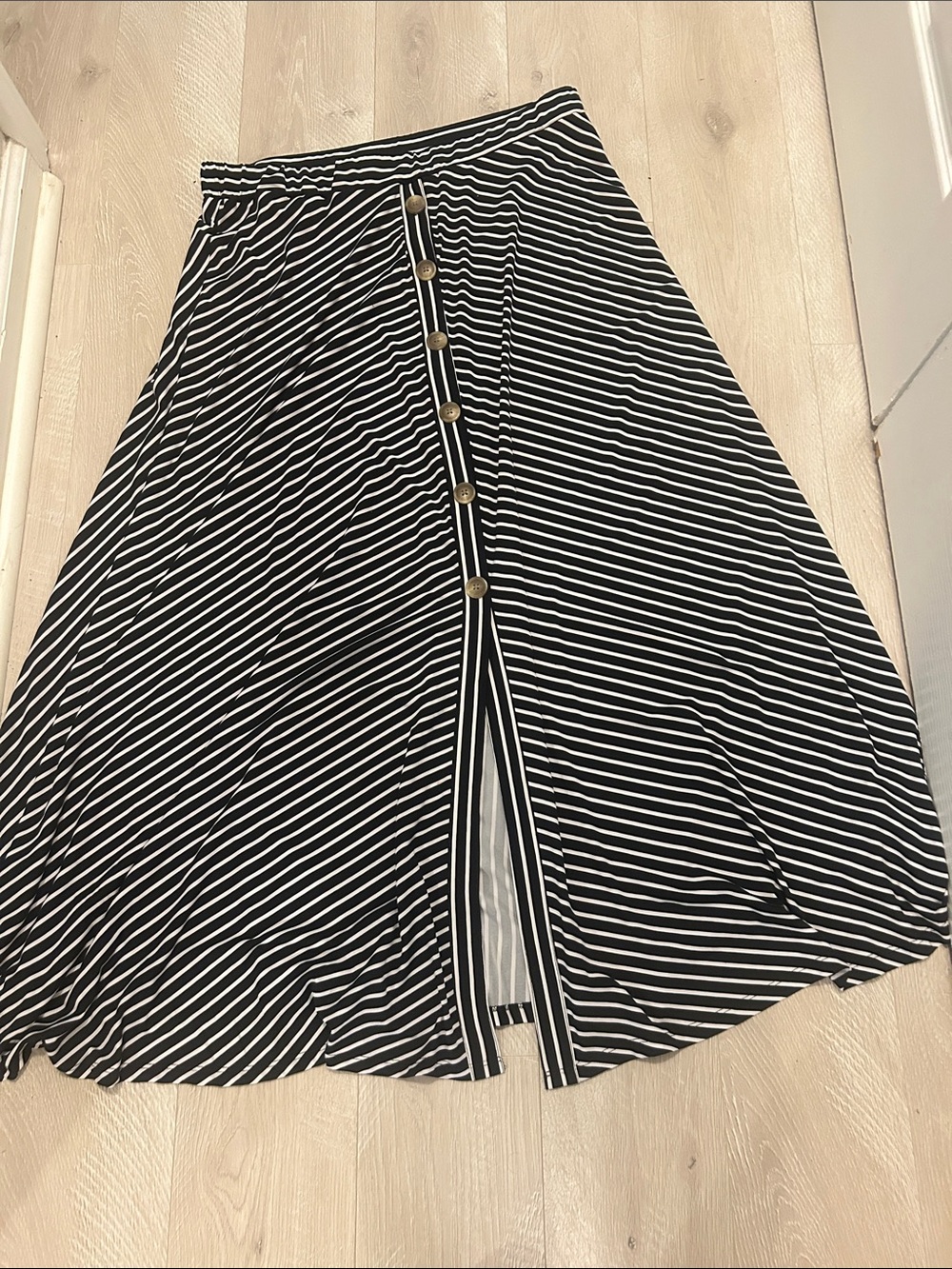 Robert Louis Black and White Striped Maxi Skirt with Front Buttons